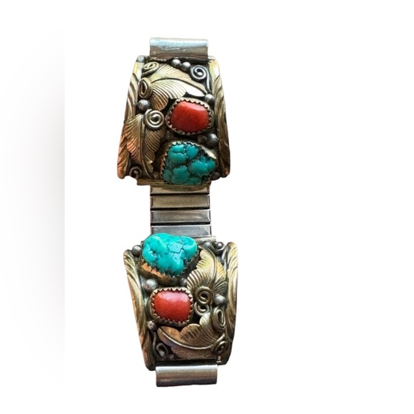 Vintage Other - VTG 1970s Old Pawn NAVAJO Turquoise-Coral Men's Watchband EJ 12k Gold Sterling